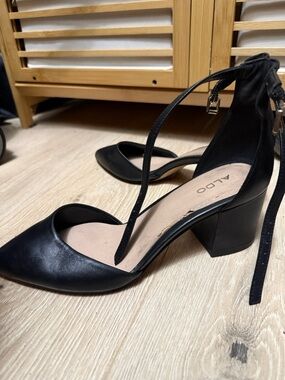 Aldo Black Pointed-Toe Block Heel Ankle-Strap Pumps